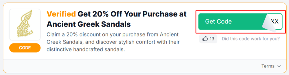 A Ancient Greek Sandals voucher code with "Get Code" in a red box