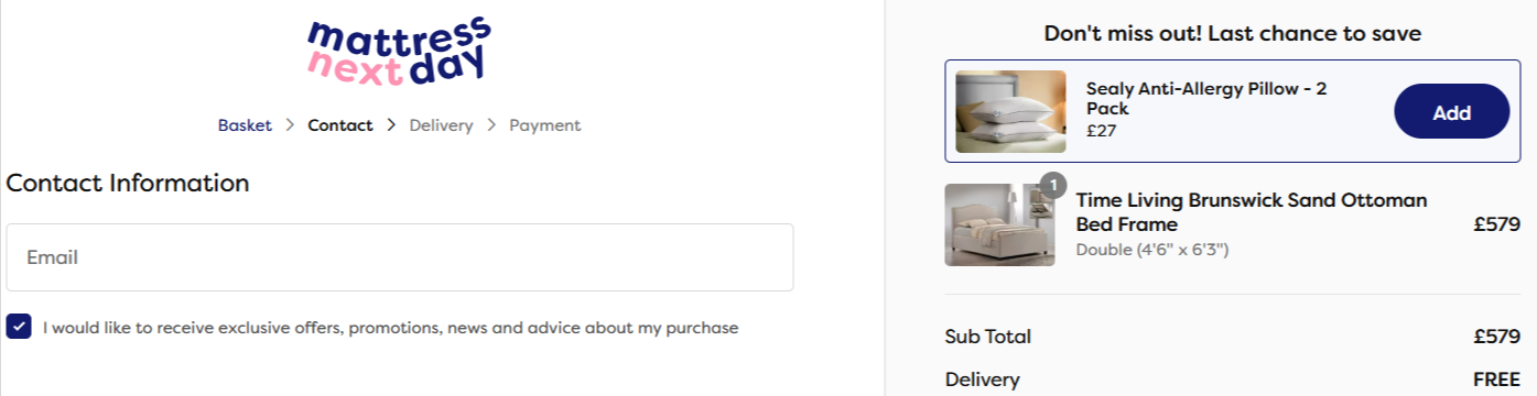 The MattressNextDay checkout page showingthe shoppers order summary