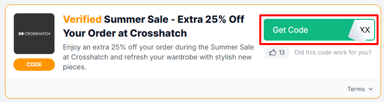 A Crosshatch voucher code with "Get Code" in a red box.