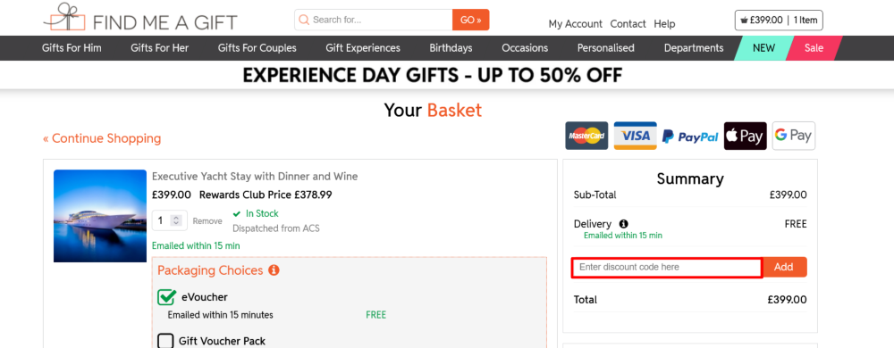 The Find Me A Gift checkout page, where the code is pasted shown in a red box.