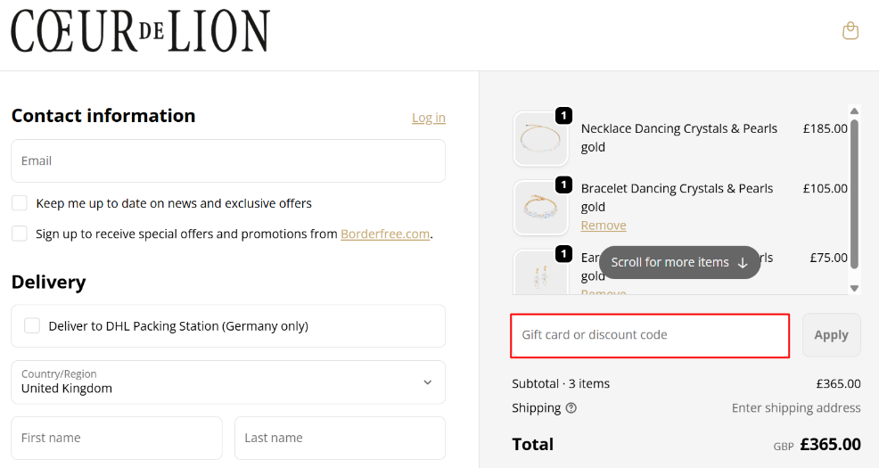 The COEUR DE LION checkout page with where to paste the COEUR DE LION voucher code in a red box