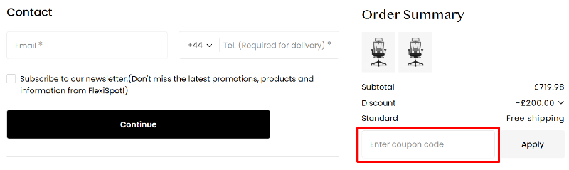 The order summary page showing a red highlighted box where to apply your FlexiSpot discount code