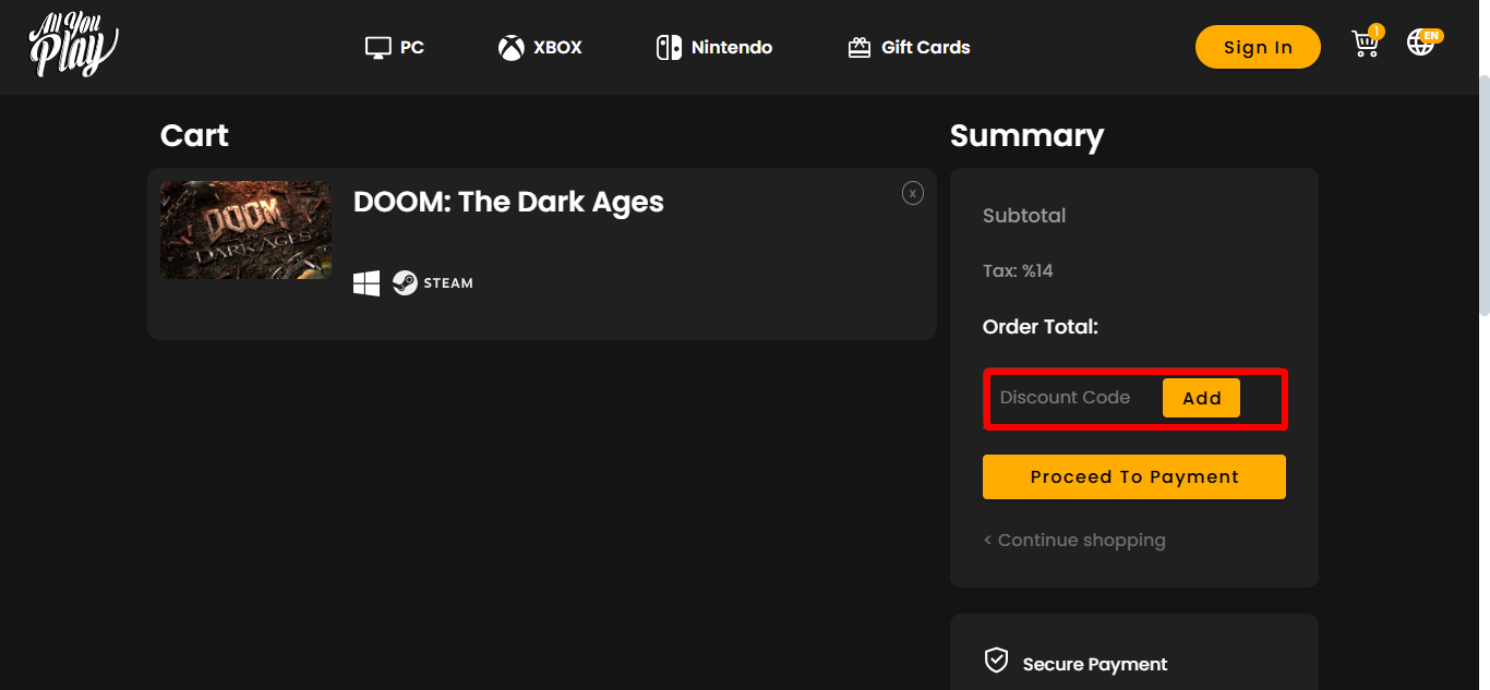 Allyouplay.com's cart page where you will paste your Allyouplay.com voucher code