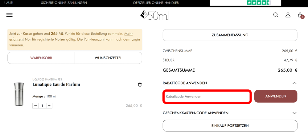 Warenkorb von 50ml mit rotmarkiertem Eingabefeld für Gutscheine