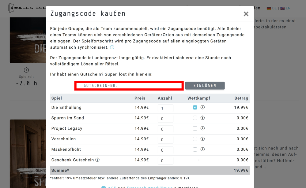 Kaufseite von 4Walls Escape mit einem rotmarkierten Eingabefeld für Gutscheincodes