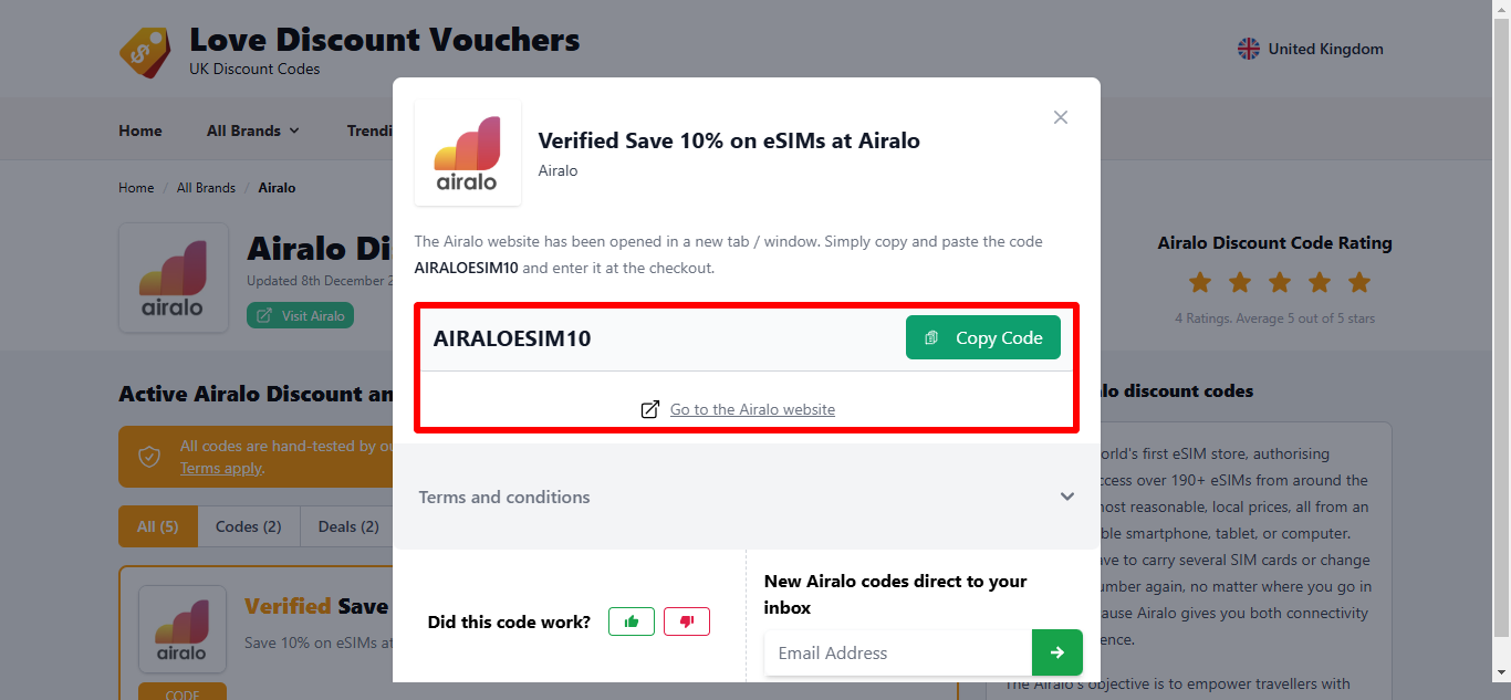 Love Discount Vouchers Airalo promo code that you can copy to use later highlighted by a red box