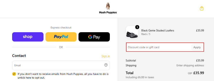Hush Puppies checkout page with a redbox around the discount box