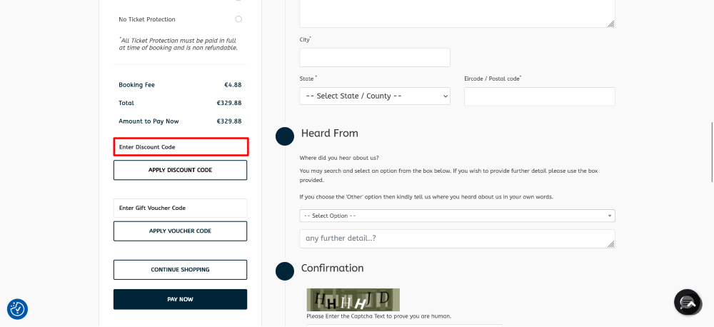 The Champions Travel checkout page, where the code is pasted shown in a red box.