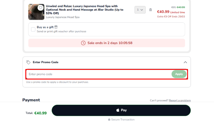 Enter your Groupon discount code and click apply