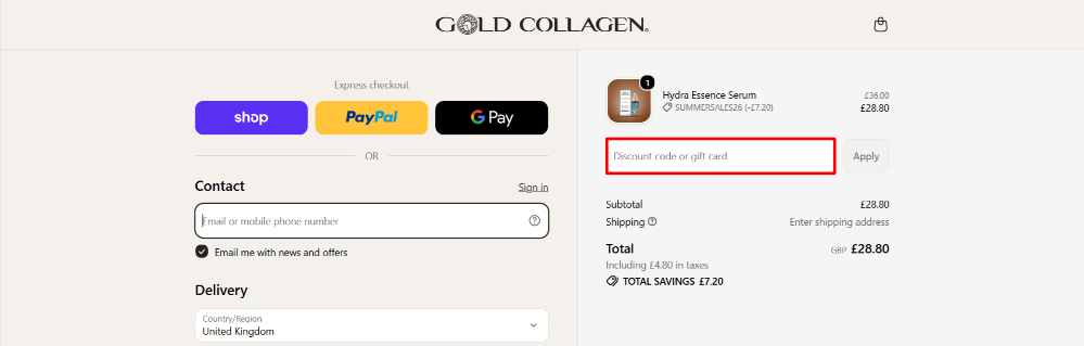 Applying a Gold Collagen promo code at checkout to save money