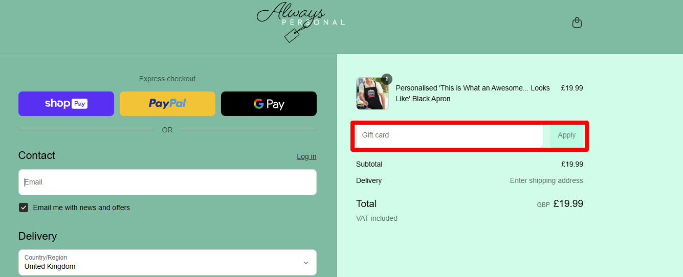 Place your discount code in the red box to redeem your discount