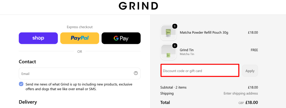 The checkout page for Grind, where you paste the code