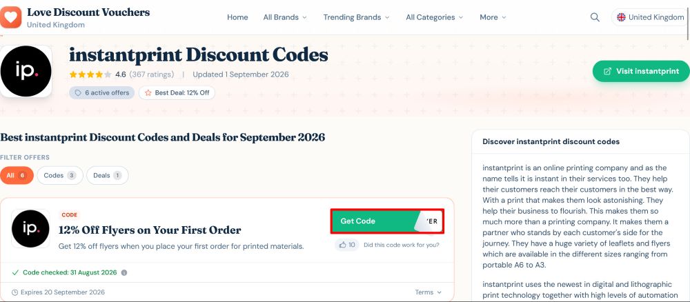 instantprint Love Discount Vouchers page where a code is copied