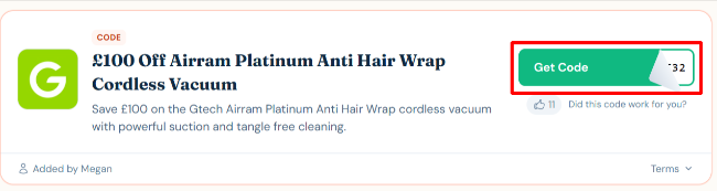 £100 discount Airram Platinum Anti Hair Wrap Cordless Vacuum at Gtech