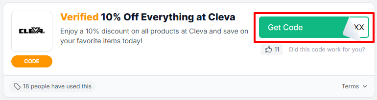 A Cleva voucher code with "Get Code" in a red box