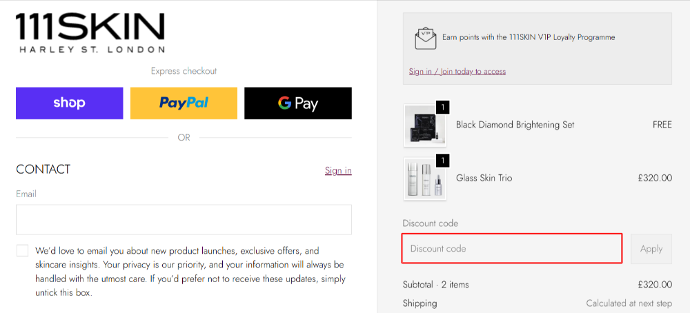 The 111SKIN checkout page with where to paste the 111SKIN voucher code in a red box