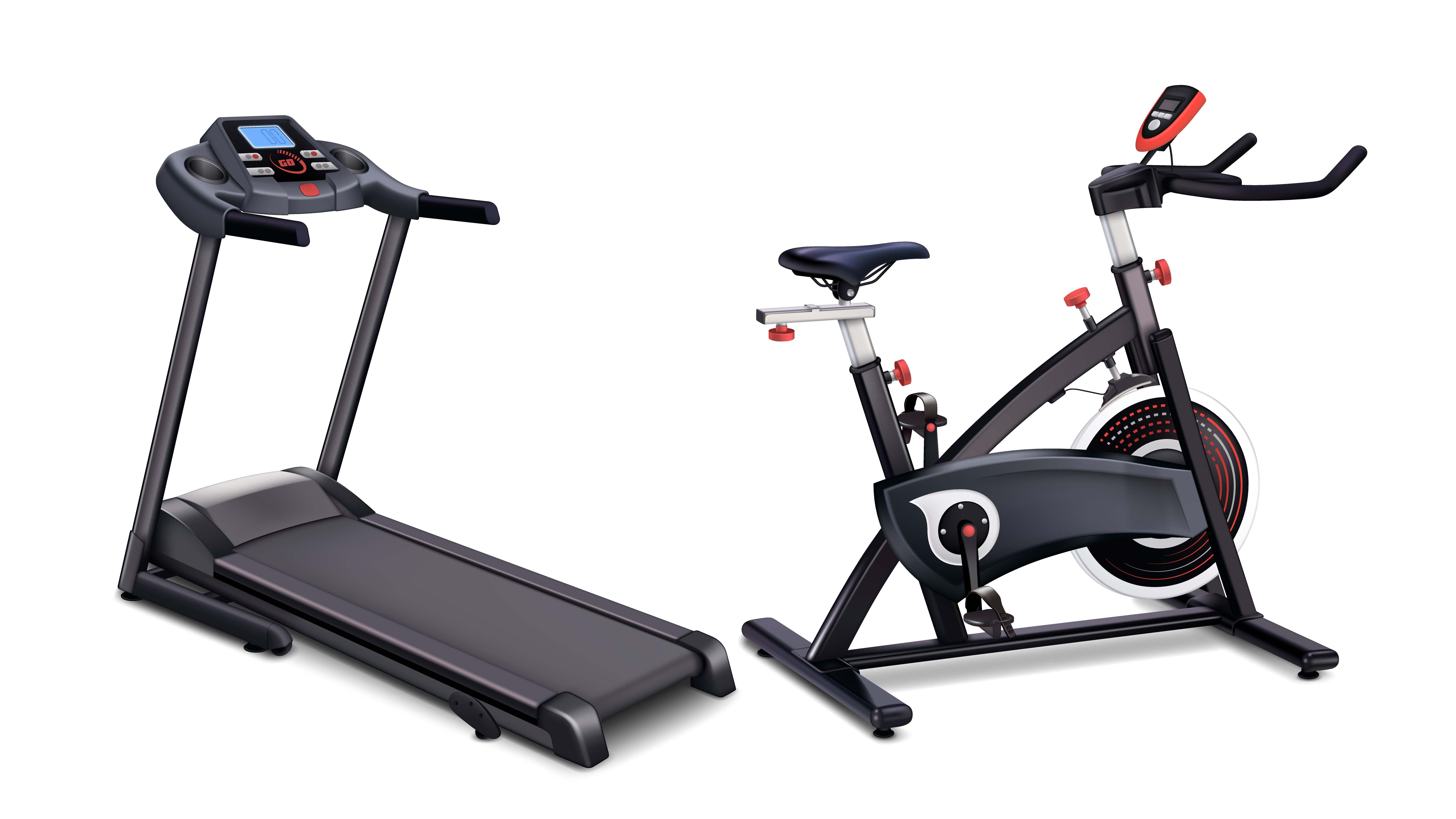 a treadmill and an exercise bike