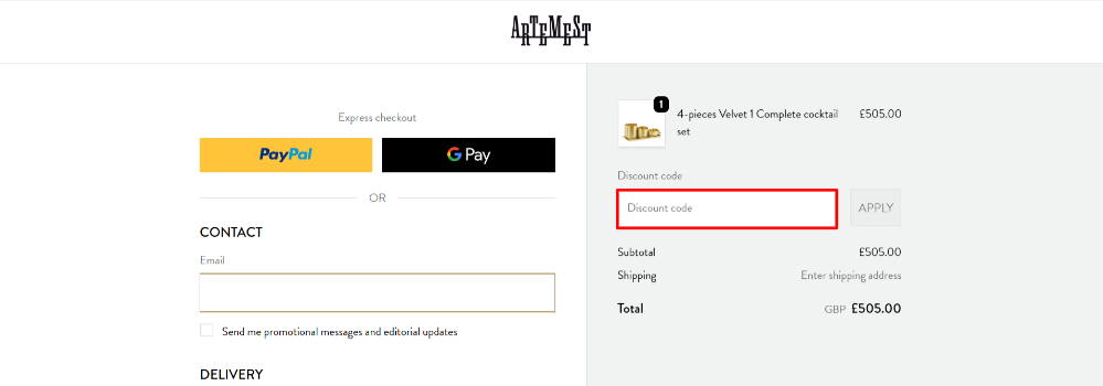 The Artemest checkout page and the discount code box highlighted with a red box where you can paste your Artemest promo code