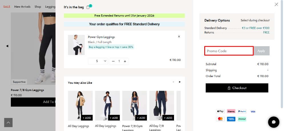 Sweaty Betty discount code place in the shopping bag aread when shopping at Sweaty Betty