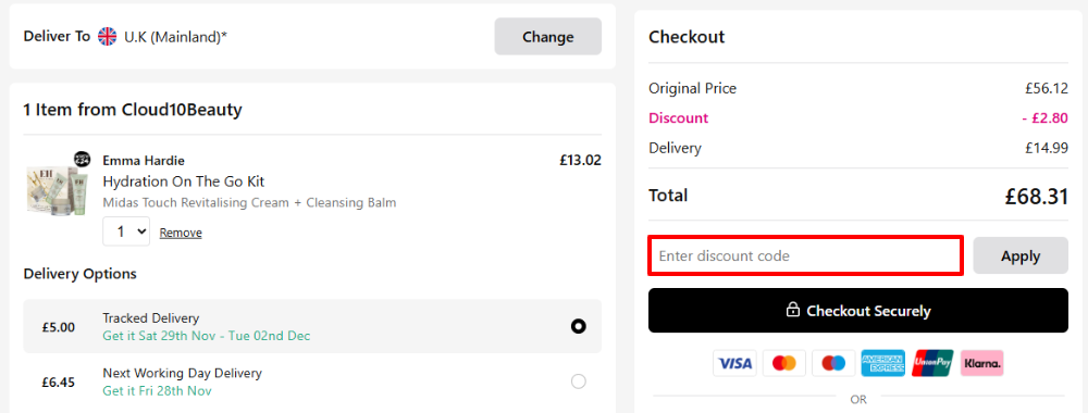 The Cosmetify shopping basket page with where to paste the Cosmetify voucher code in a red box.