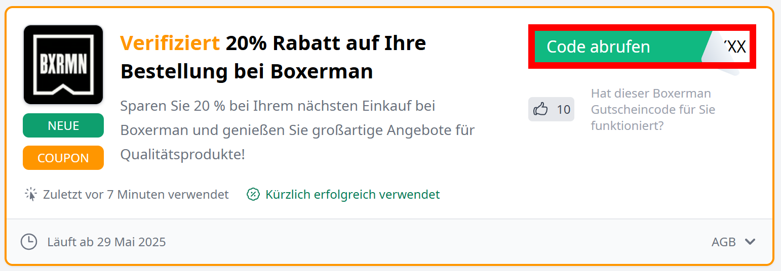 Angaben zu einem Gutschein von Boxerman mit einem rotmarkiertem grünen Button