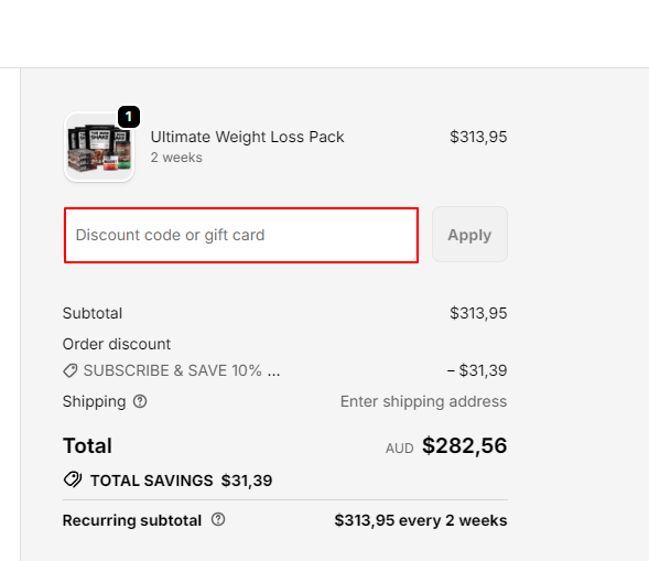 The Man Shake discount code box on the checkout page with a red outline