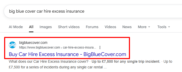 AGoogle search result showing Big Blue Cover Car Hire Excess Insurance.