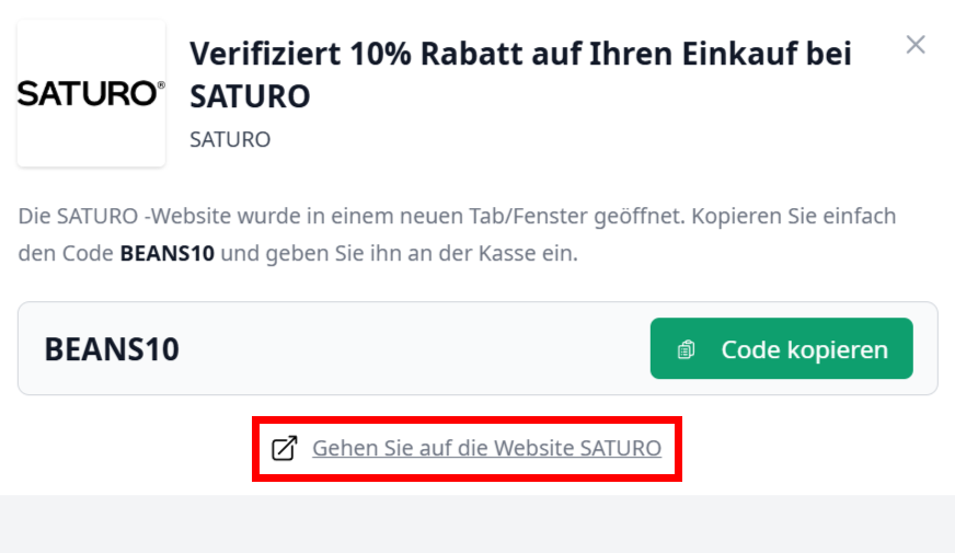 Ein offener Rabattcode mit einem rotmarkiertem Link zum SATURO-Shop