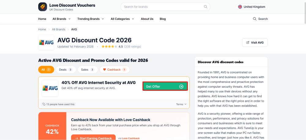 AVG Love Discount Vouchers page where an offer is selected