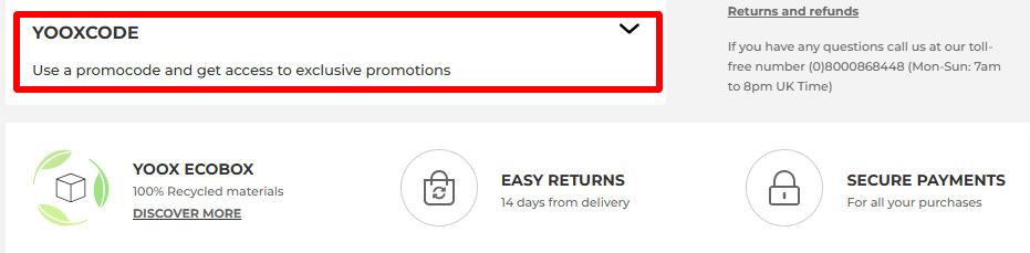 highlighted red box where customers can enter their YOOX discount code