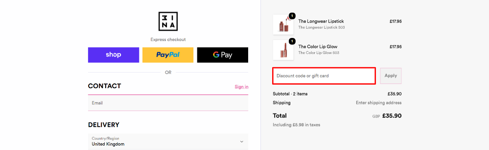 The 3INA checkout page and a 3INA discount code box