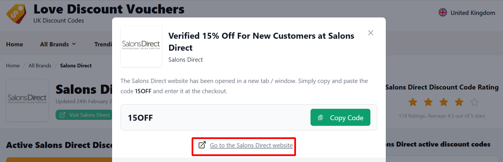 The highlighted red box shows the link that takes you to the Salons Direct website