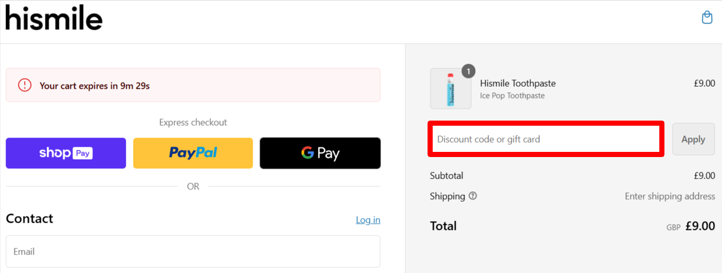 The HiSmile checkout page with the discount code box highlighted with a red box