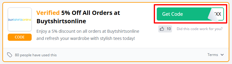A Buytshirtsonline discount code with "Get Code" in a red box.