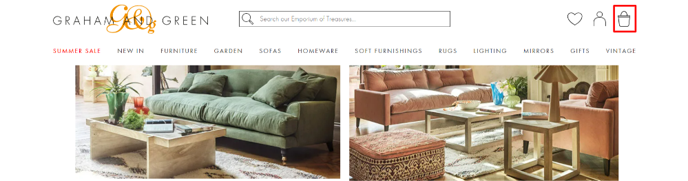 The Graham and Green homepage and different categories to explore on their page