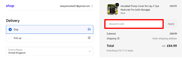 A red box is where to enter a Cwtchy Covers promo code
