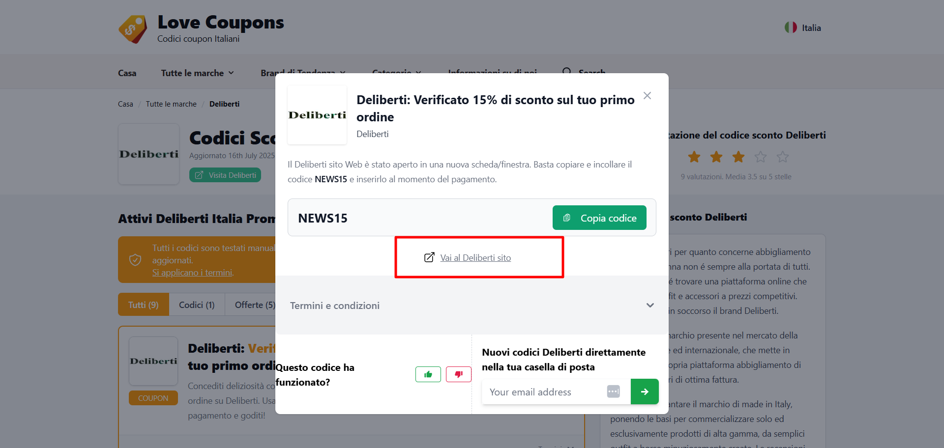 collegamento diretto al sito ufficiale Deliberti dove poter immettere un codice sconto Deliberti