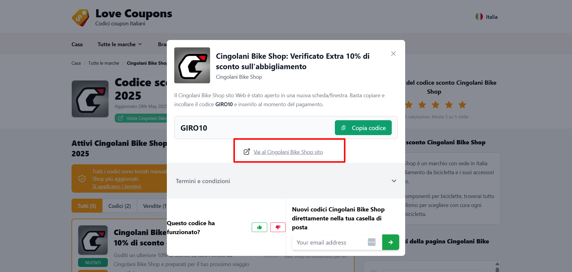 collegamento diretto alla piattaforma ufficiale Cingolani Bike Shop per poter utilizzare un codice sconto Cingolani Bike Shop