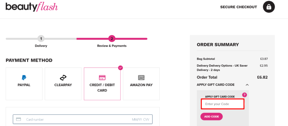 The checkout page for Beauty Flash, where you paste the code
