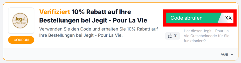 Angaben zu einem Gutschein von Jegit - Pour La Vie mit rotmarkiertem grünen Button