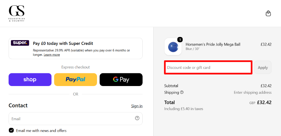 The GS Equestrian checkout page with the discount code box highlighted with a red box