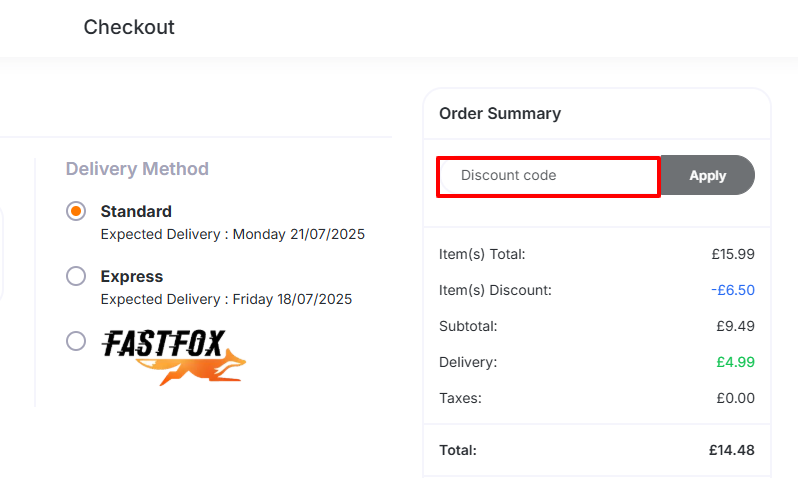 The Bargain Fox checkout page with where to paste the Bargain Fox discount code in a red box.