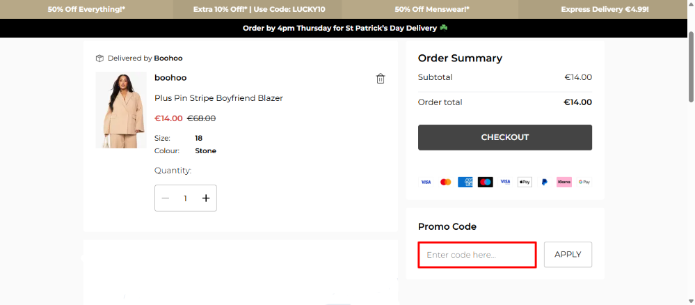 boohoo discount code place highlighted by a red box