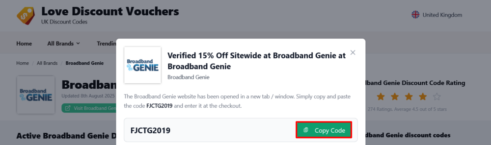 Page where you copy a Broadband Genie code
