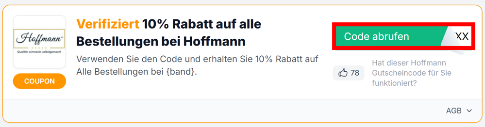 Angaben zu einem Rabattcode für Hoffmann mit rotmarkiertem grünen Button