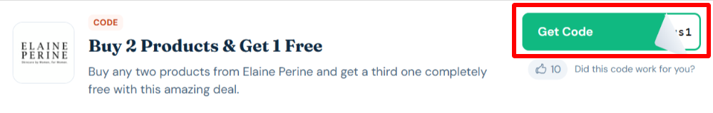 An Elaine Perine voucher code with "Get Code" in a red box