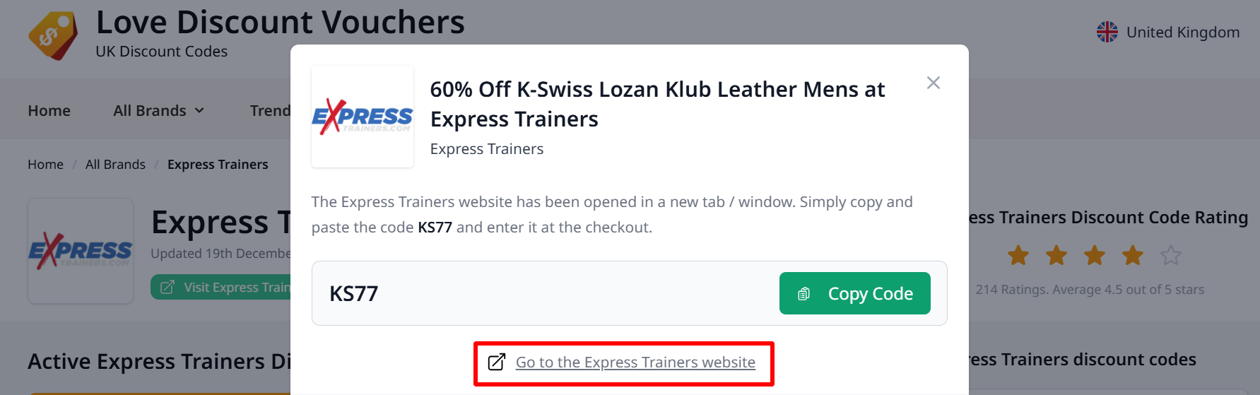 The red highlighted red box showing the link that automatically takes you to Express Trainers website