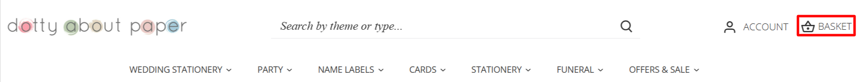 The Dotty about Paper page with the different shopping categories