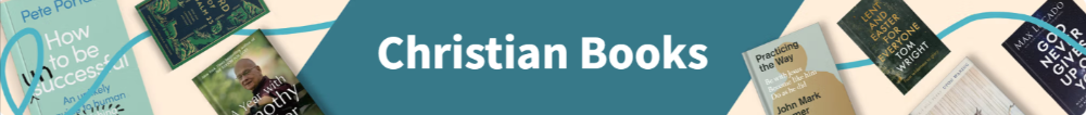 A range of books scattered with the word "Christian Books" on white bold prints