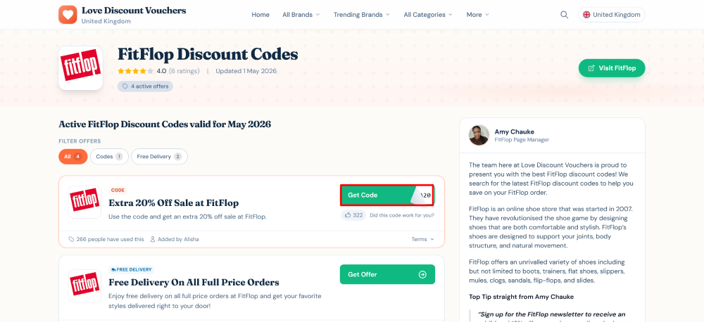FitFlop Love Discount Vouchers page where a code is copied